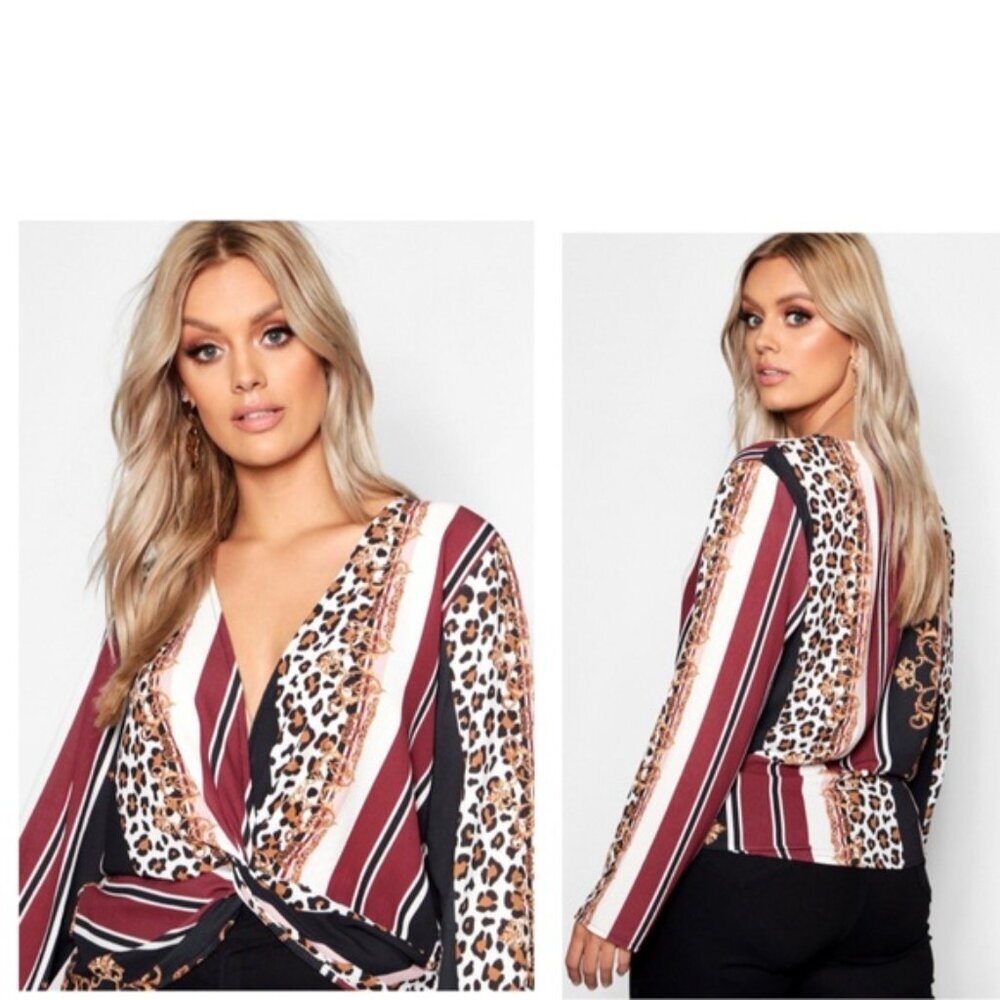 BooHoo NEW Chain Print Leopard Twist Front Wrap Top Flowy Animal Print Relaxed 8